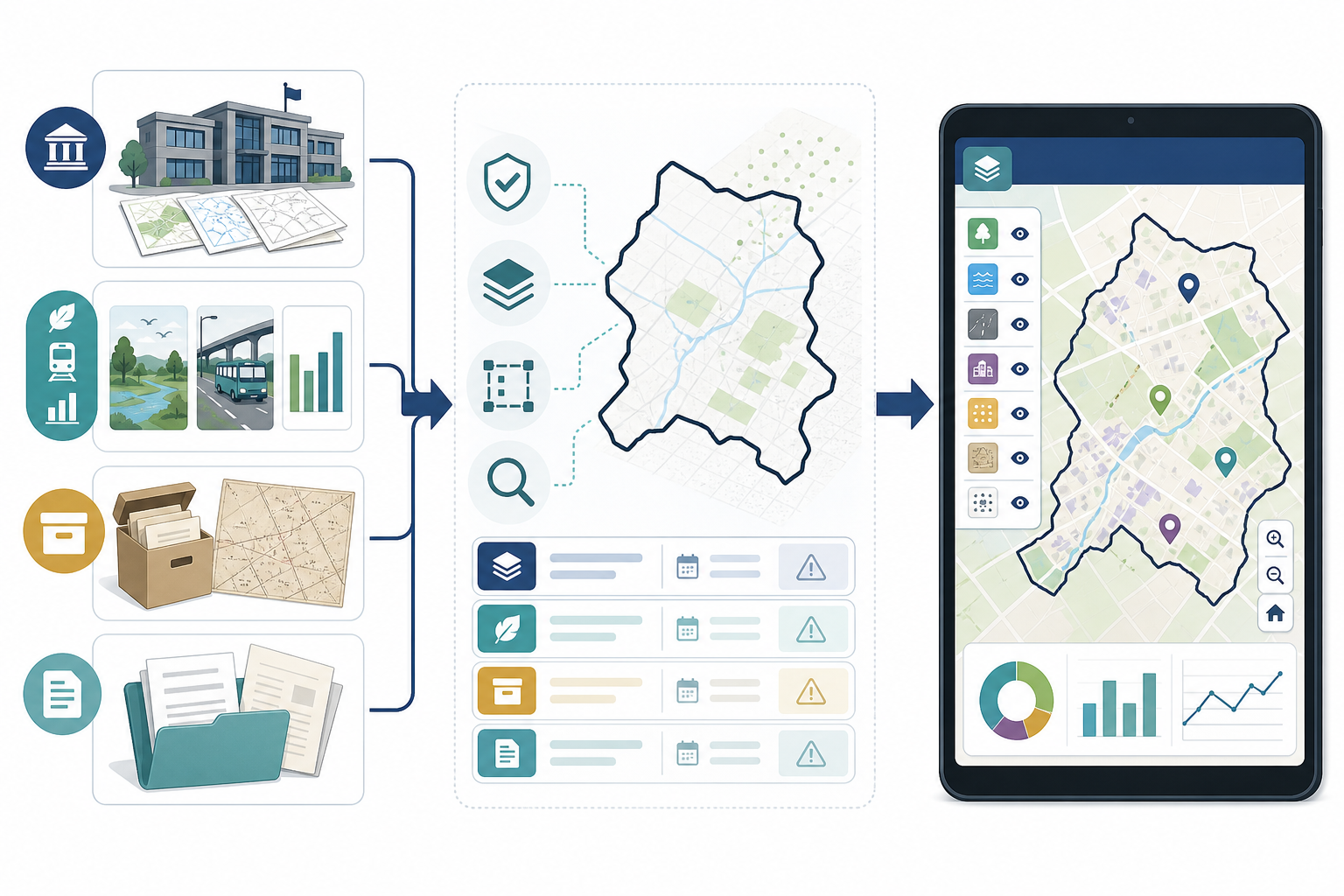 Infographic showing public, national, archive and disclosure evidence being checked and clipped to the Betchton parish boundary before appearing as map layers