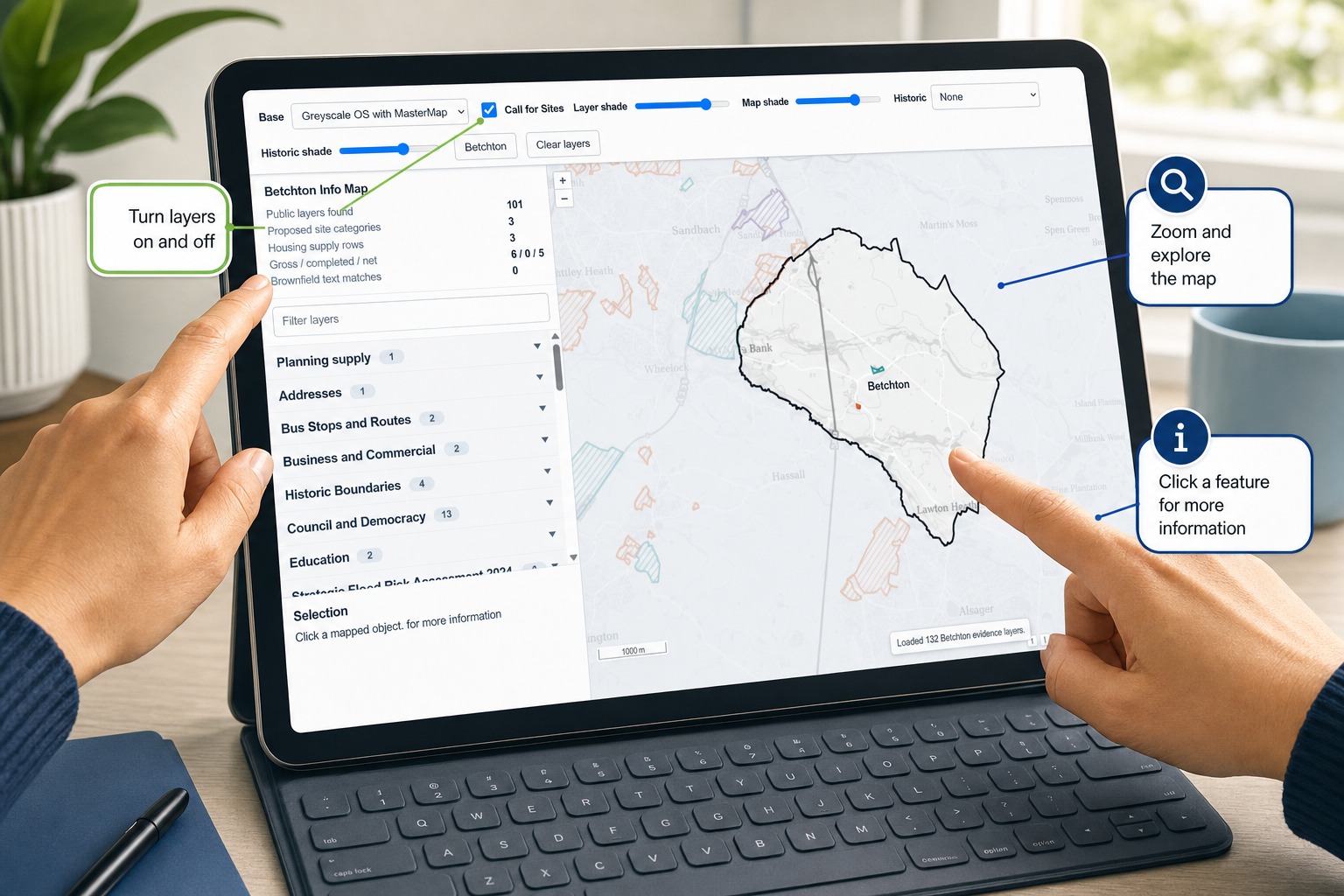 Illustration of a resident using the Betchton map, choosing layers, zooming and clicking a feature